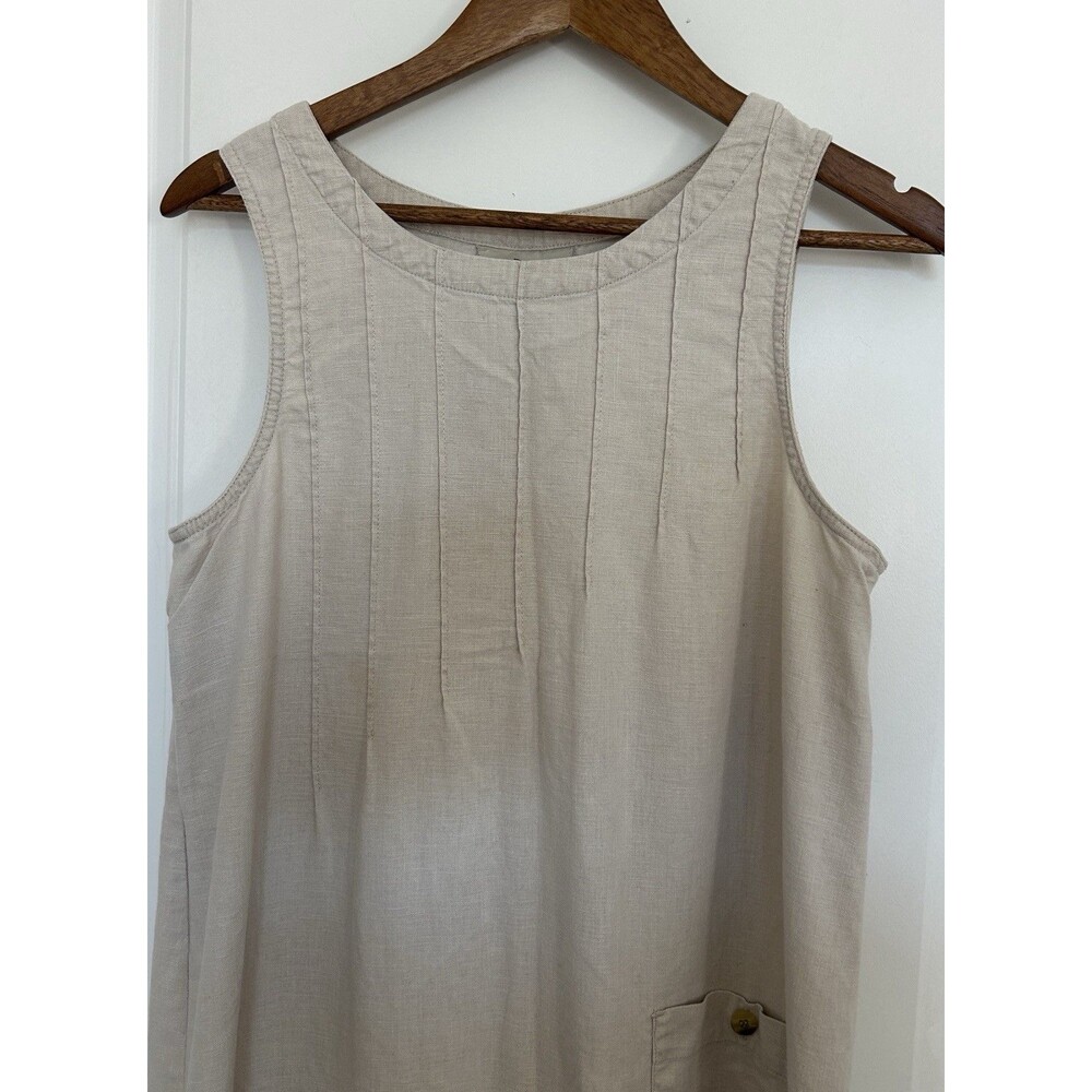Vintage Linen Blend Midi Dress Womens Medium Neutral Beige Minimalist Relaxed Fi - Picture 3 of 12